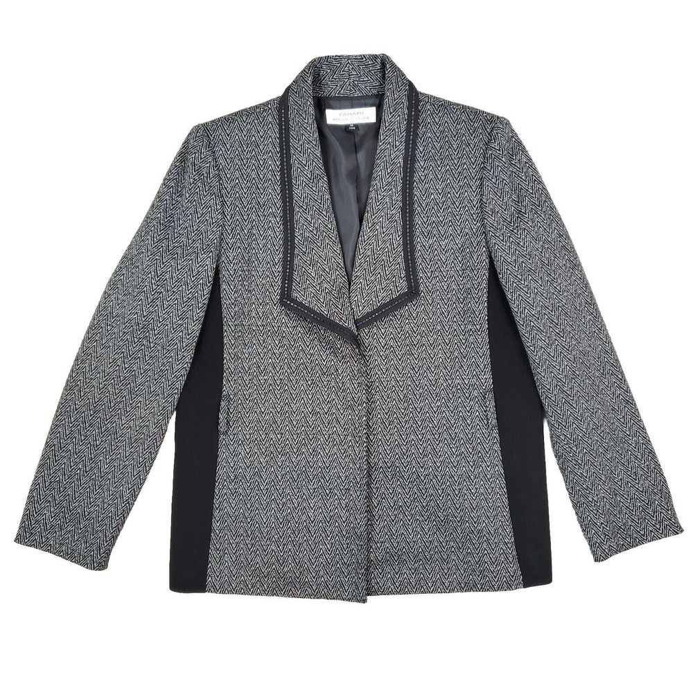 Tahari Arthur S Levine Herringbone Blazer Jacket Sz 14 Gray Black Trim Career